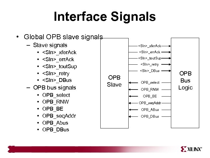 Interface Signals • Global OPB slave signals – Slave signals • <Sln>_xfer. Ack •