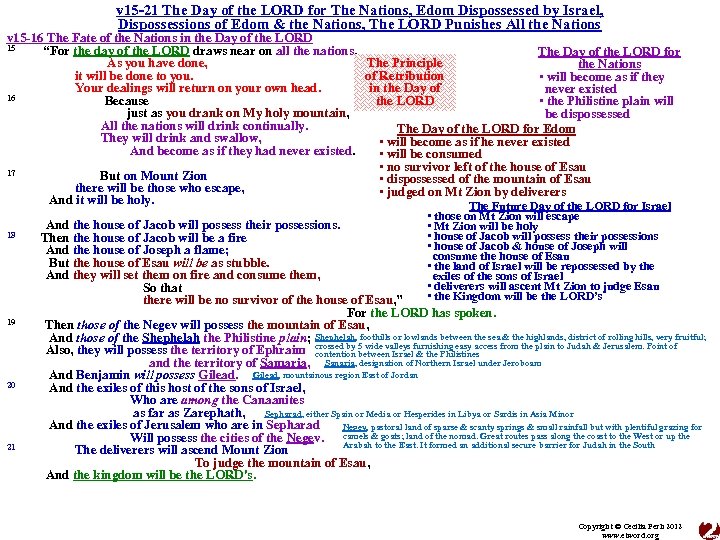 v 15 -21 The Day of the LORD for The Nations, Edom Dispossessed by