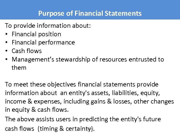 Purpose of Financial Statements To provide information about: • Financial position • Financial performance