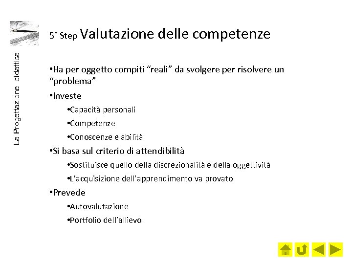 La Progettazione didattica 5° Step Valutazione delle competenze • Ha per oggetto compiti “reali”