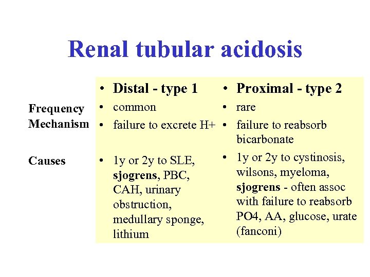 Renal tubular acidosis • Distal - type 1 • Proximal - type 2 •