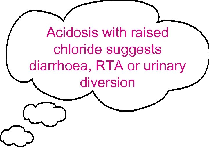 Acidosis with raised chloride suggests diarrhoea, RTA or urinary diversion 