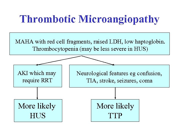 Thrombotic Microangiopathy MAHA with red cell fragments, raised LDH, low haptoglobin. Thrombocytopenia (may be