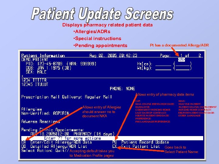 Displays pharmacy related patient data • Allergies/ADRs • Special instructions Pt has a documented