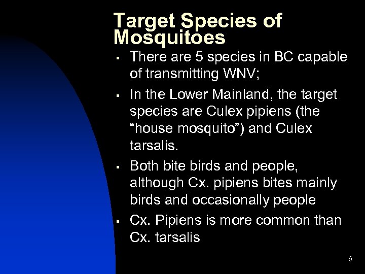 Target Species of Mosquitoes § § There are 5 species in BC capable of