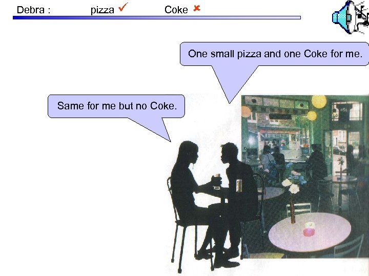 Debra : pizza Coke One small pizza and one Coke for me. Same for