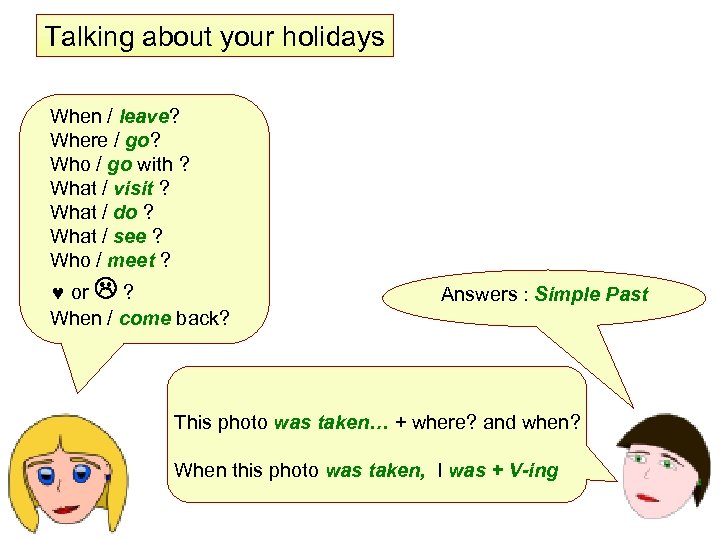 Talking about your holidays When / leave? Where / go? Who / go with