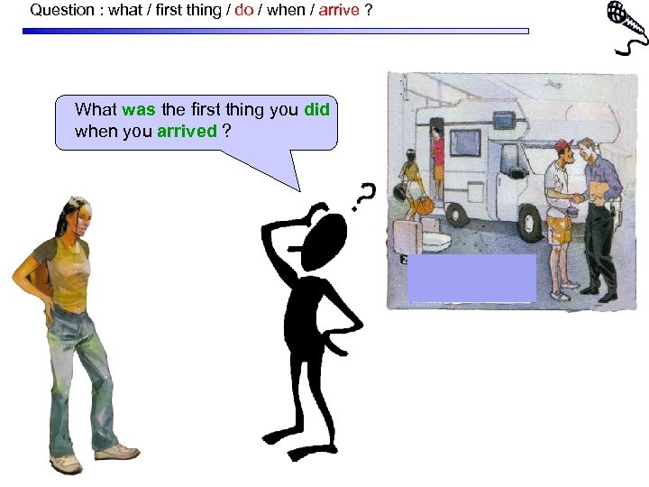 Question : what / first thing / do / when / arrive ? What