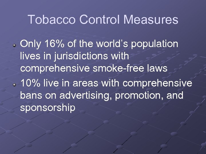Tobacco Control Measures Only 16% of the world’s population lives in jurisdictions with comprehensive