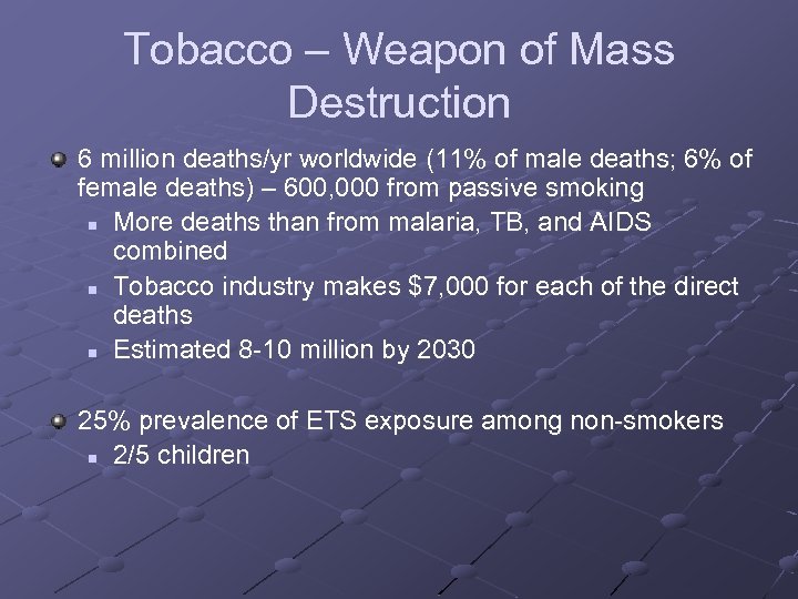 Tobacco – Weapon of Mass Destruction 6 million deaths/yr worldwide (11% of male deaths;