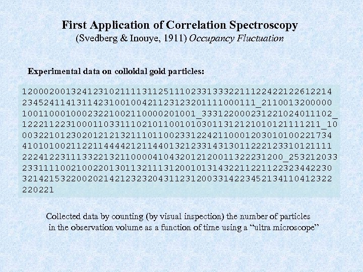 First Application of Correlation Spectroscopy (Svedberg & Inouye, 1911) Occupancy Fluctuation Experimental data on