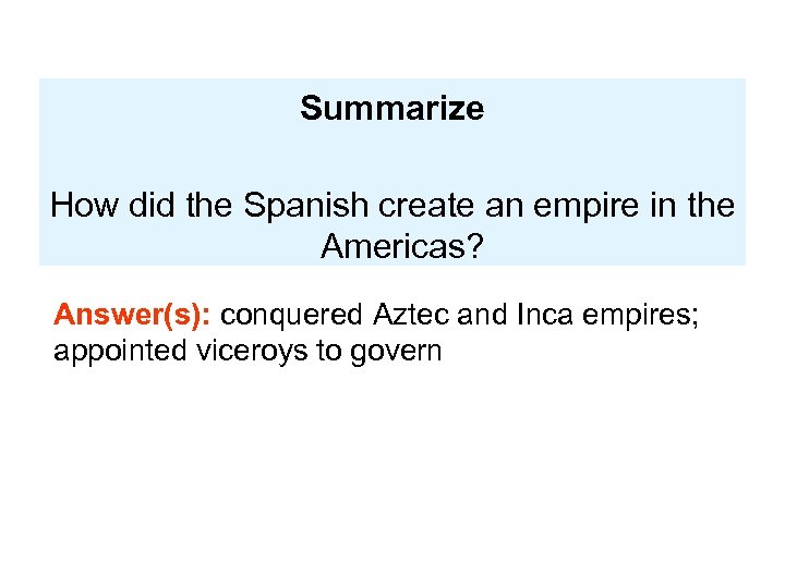 Summarize How did the Spanish create an empire in the Americas? Answer(s): conquered Aztec