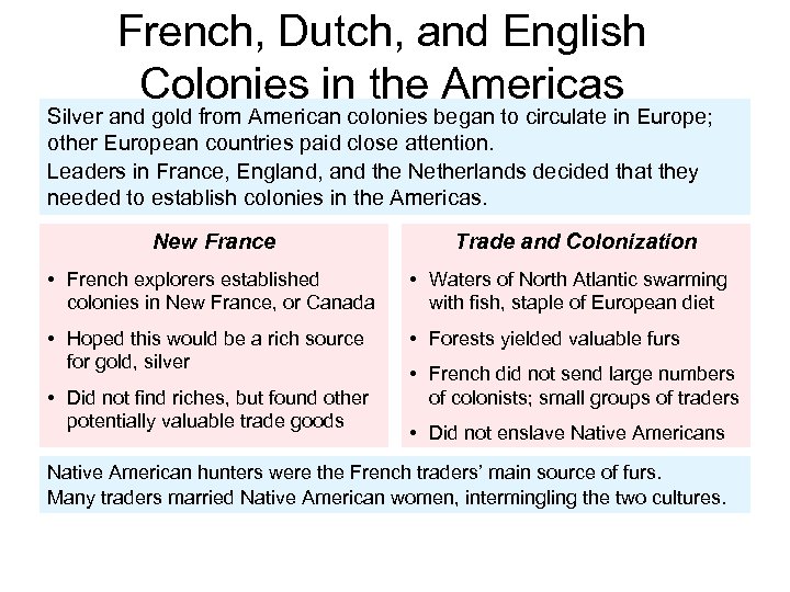 French, Dutch, and English Colonies in the Americas Silver and gold from American colonies