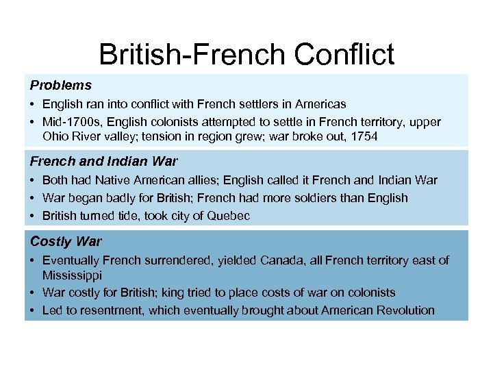 British-French Conflict Problems • English ran into conflict with French settlers in Americas •