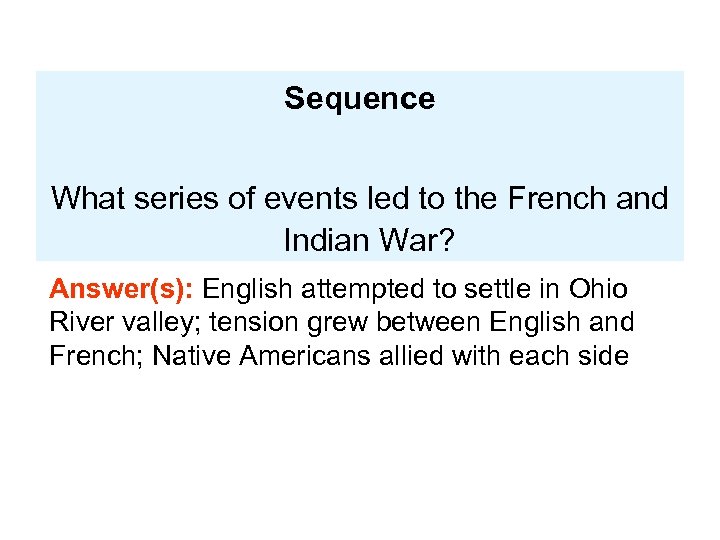 Sequence What series of events led to the French and Indian War? Answer(s): English