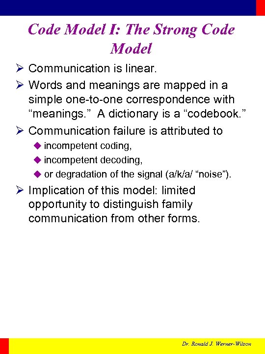 Code Model I: The Strong Code Model Ø Communication is linear. Ø Words and