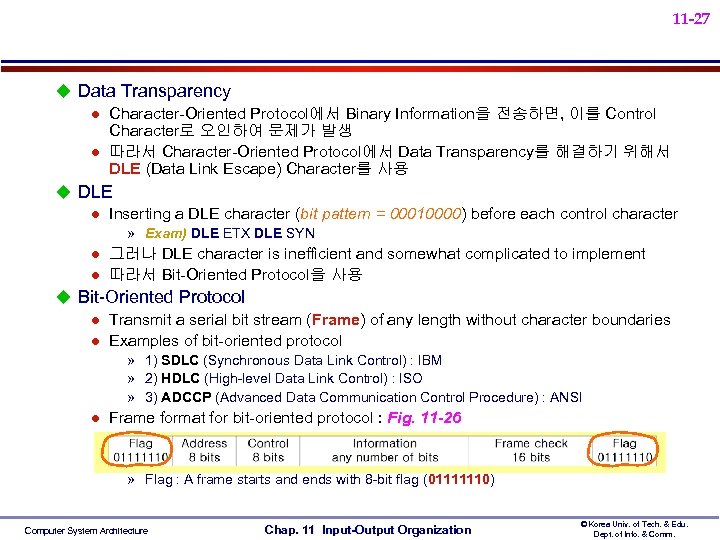 11 -27 u Data Transparency l Character-Oriented Protocol에서 Binary Information을 전송하면, 이를 Control Character로