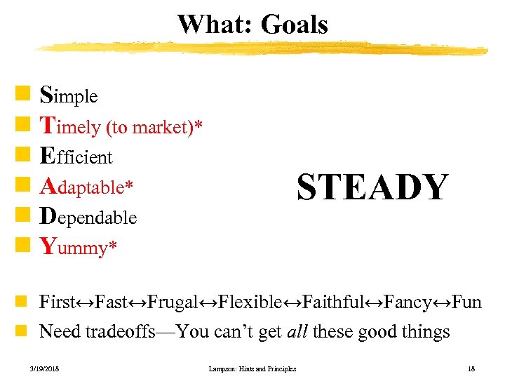 What: Goals n Simple n Timely (to market)* n Efficient n Adaptable* n Dependable