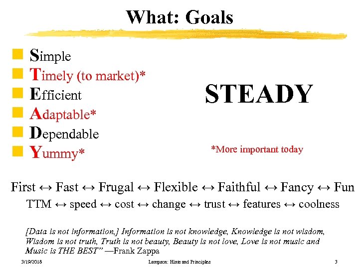 What: Goals n Simple n Timely (to market)* n Efficient n Adaptable* n Dependable