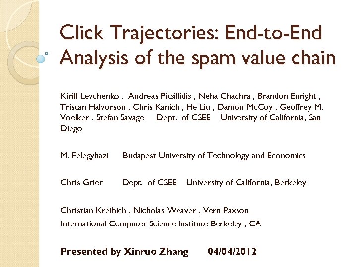 Click Trajectories: End-to-End Analysis of the spam value chain Kirill Levchenko , Andreas Pitsillidis
