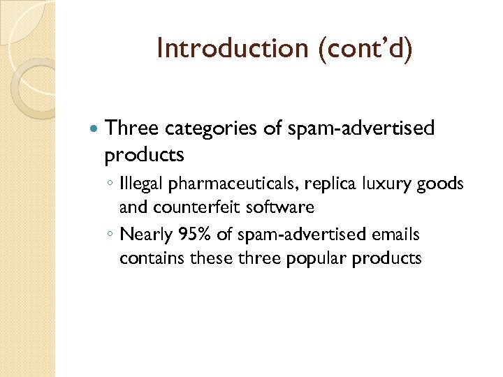 Introduction (cont’d) Three categories of spam-advertised products ◦ Illegal pharmaceuticals, replica luxury goods and
