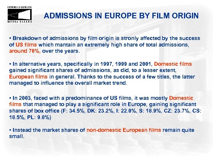 ADMISSIONS IN EUROPE BY FILM ORIGIN • Breakdown of admissions by film origin is