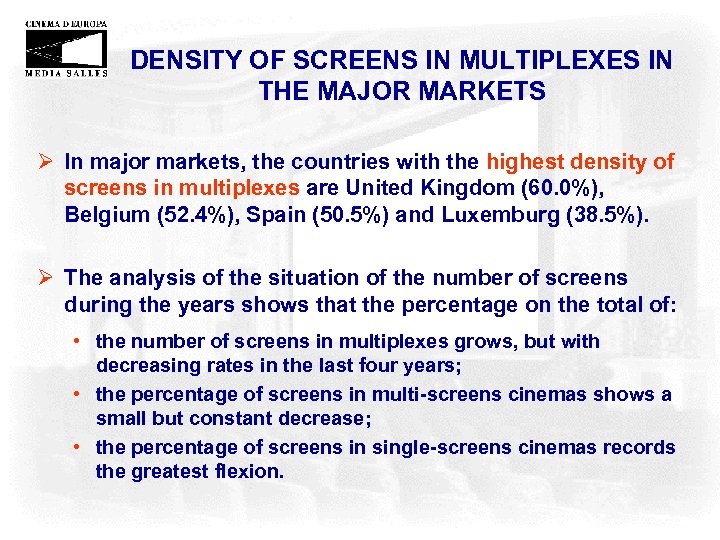 DENSITY OF SCREENS IN MULTIPLEXES IN THE MAJOR MARKETS Ø In major markets, the