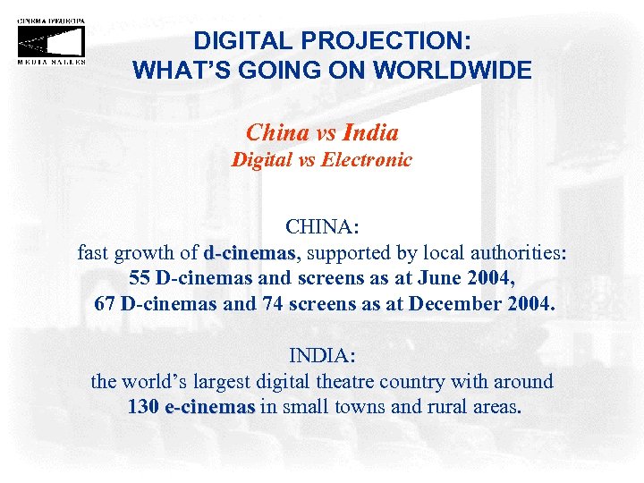 DIGITAL PROJECTION: WHAT’S GOING ON WORLDWIDE China vs India Digital vs Electronic CHINA: fast