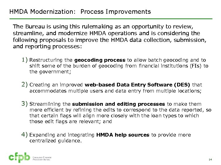 HMDA Modernization: Process Improvements The Bureau is using this rulemaking as an opportunity to