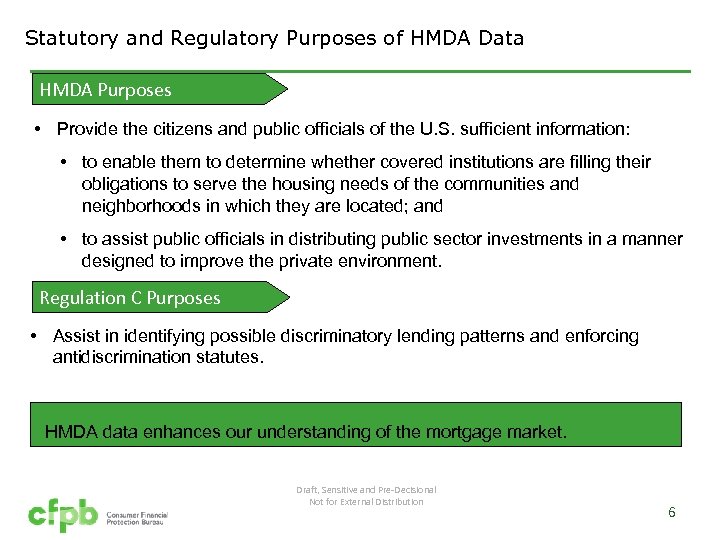 Statutory and Regulatory Purposes of HMDA Data HMDA Purposes • Provide the citizens and