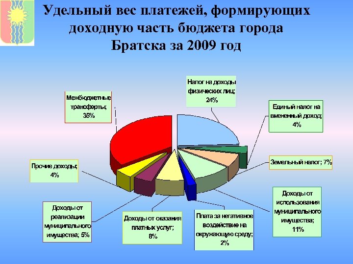 Удельный вес платежей, формирующих доходную часть бюджета города Братска за 2009 год 