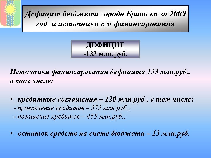 Дефицит бюджета города Братска за 2009 год и источники его финансирования ДЕФИЦИТ -133 млн.
