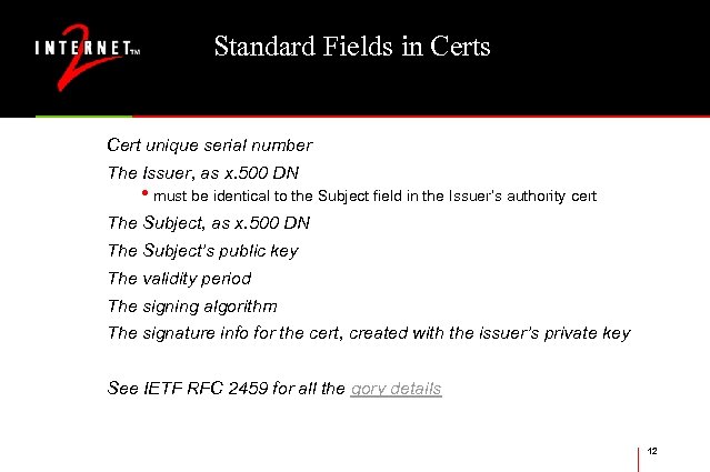Standard Fields in Certs Cert unique serial number The Issuer, as x. 500 DN