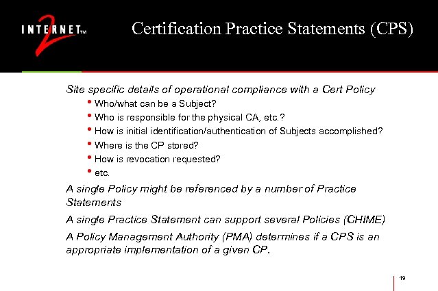 Certification Practice Statements (CPS) Site specific details of operational compliance with a Cert Policy