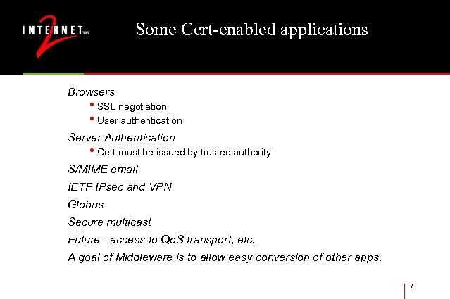 Some Cert-enabled applications Browsers • SSL negotiation • User authentication Server Authentication • Cert