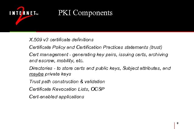 PKI Components X. 509 v 3 certificate definitions Certificate Policy and Certification Practices statements