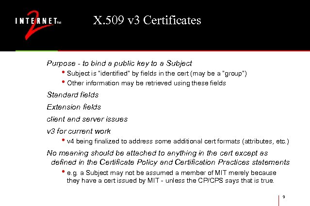 X. 509 v 3 Certificates Purpose - to bind a public key to a