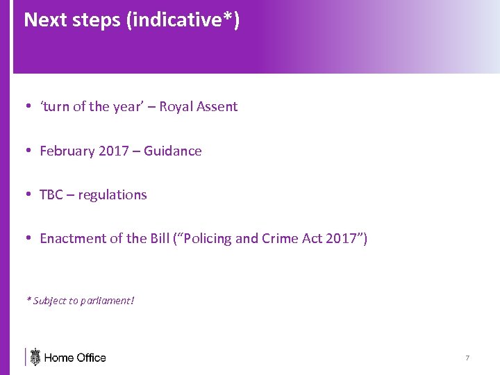 Next steps (indicative*) • ‘turn of the year’ – Royal Assent • February 2017