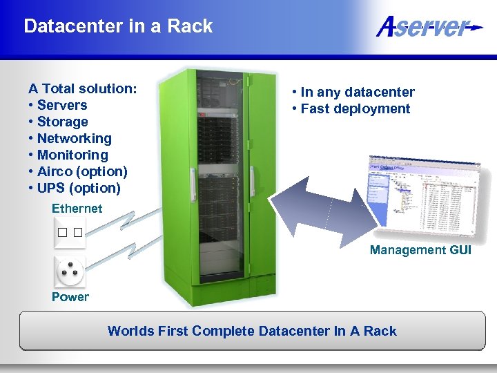 Datacenter in a Rack A Total solution: • Servers • Storage • Networking •