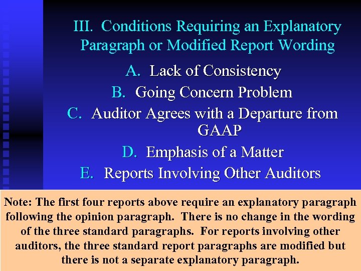 III. Conditions Requiring an Explanatory Paragraph or Modified Report Wording A. Lack of Consistency