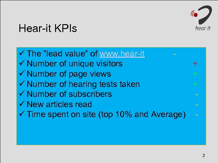 Hear-it KPIs ü The ”lead value” of www. hear-it ü Number of unique visitors