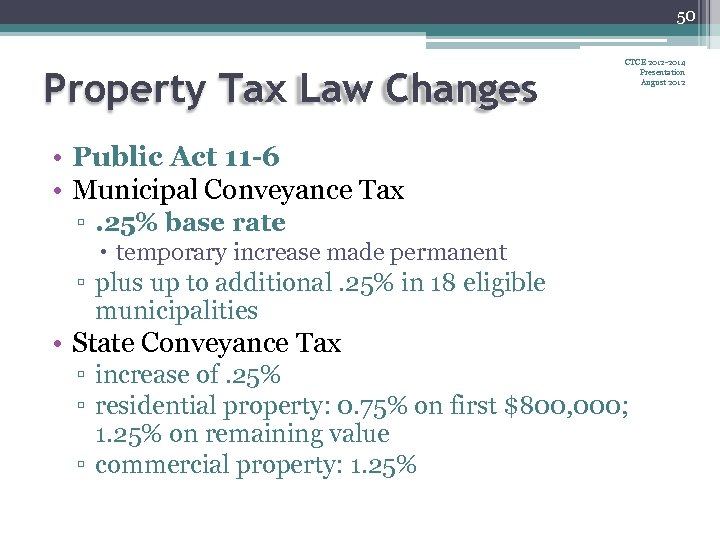 50 Property Tax Law Changes CTCE 2012 -2014 Presentation August 2012 • Public Act
