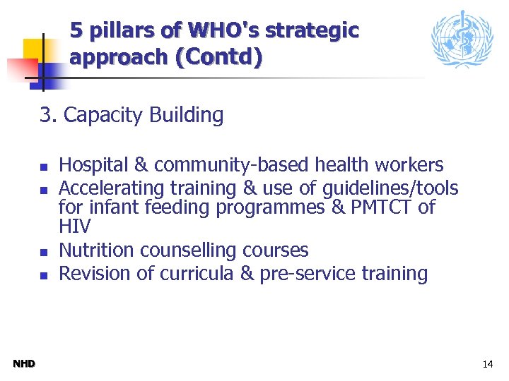 5 pillars of WHO's strategic approach (Contd) 3. Capacity Building n n NHD Hospital