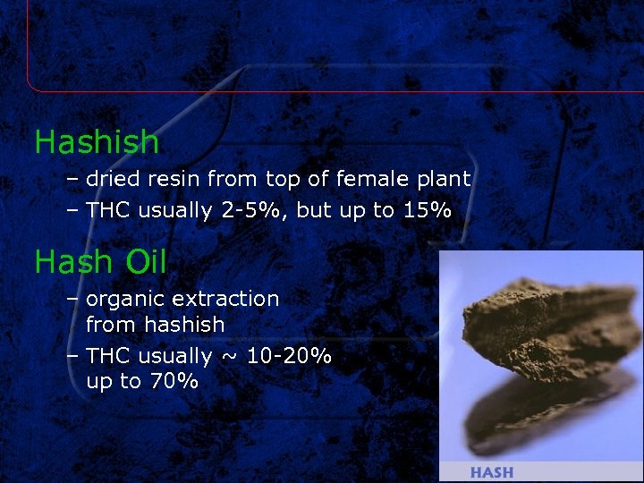 Hashish – dried resin from top of female plant – THC usually 2 -5%,
