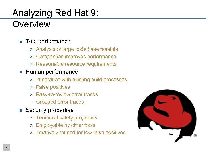 Analyzing Red Hat 9: Overview n Tool performance ä ä ä n Human performance