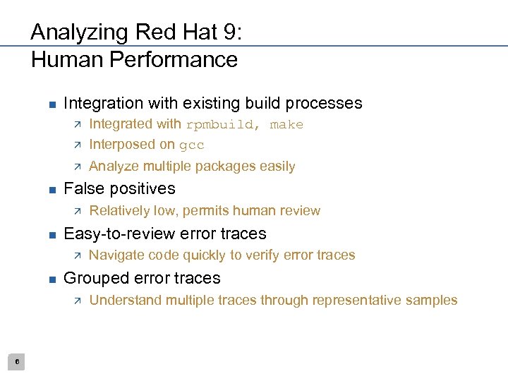 Analyzing Red Hat 9: Human Performance n Integration with existing build processes ä Integrated