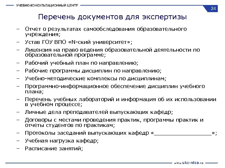24 Перечень документов для экспертизы – Отчет о результатах самообследования образовательного учреждения; – Устав