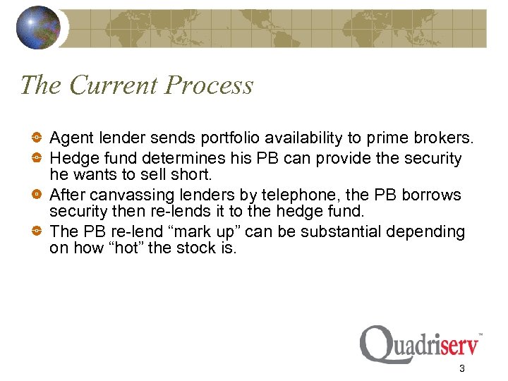 The Current Process Agent lender sends portfolio availability to prime brokers. Hedge fund determines