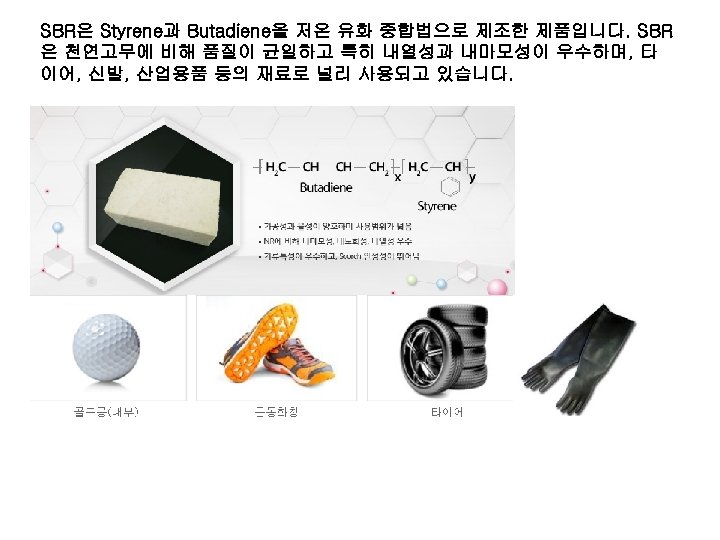 SBR은 Styrene과 Butadiene을 저온 유화 중합법으로 제조한 제품입니다. SBR 은 천연고무에 비해 품질이 균일하고