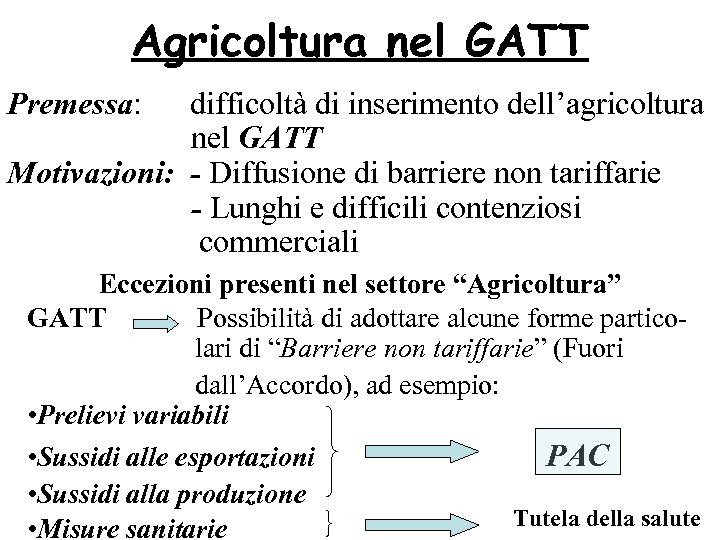 Agricoltura nel GATT Premessa: difficoltà di inserimento dell’agricoltura nel GATT Motivazioni: - Diffusione di